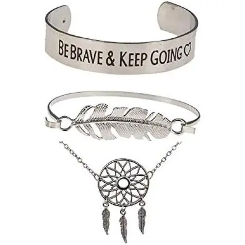 Solememo Vintage Retro Bohemian Design Antique Silver Tone Bracelet Set, Be Brave Feather and Dreamcatcher Set of 3 Bangles, Friendship Gift Solememo Vintage Retro Bohemian Design Antique Silver Tone Bracelet Set, Be Brave Feather and Dreamcatcher Set of 3 Bangles, Friendship Gift