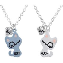 Lux Accessories Silvertone White Pink Kitty Cat BFF Best Friends Necklace Set