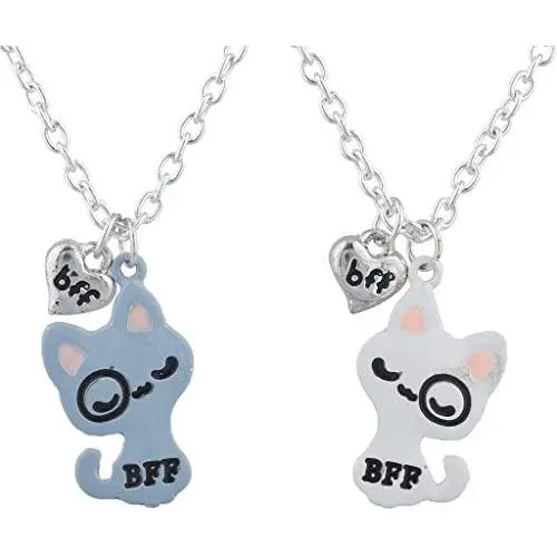 Lux Accessories Silvertone White Pink Kitty Cat BFF Best Friends Necklace Set Lux Accessories Silvertone White Pink Kitty Cat BFF Best Friends Necklace Set