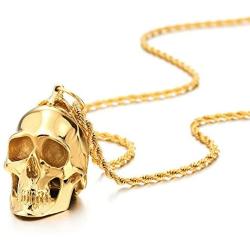 COOLSTEELANDBEYOND Large Stainless Steel Skull Pendant Necklace for Men High Polished with 30 Inches Wheat Chain