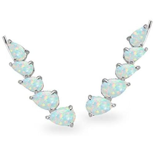 Sterling Silver Genuine or Synthetic Gemstone Teardrop Curved Climber Crawler Earrings