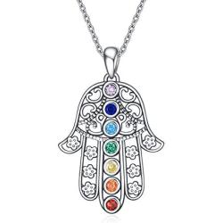MONGAS 7 Chakra Hamsa/Sunflower Locket Necklace 925 Sterling Silver Chakra Jewelry for Women