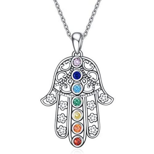 MONGAS 7 Chakra Hamsa/Sunflower Locket Necklace 925 Sterling Silver Chakra Jewelry for Women
