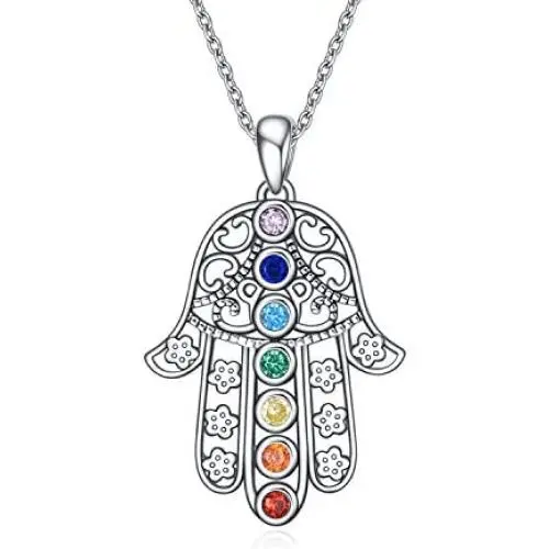 MONGAS 7 Chakra Hamsa/Sunflower Locket Necklace 925 Sterling Silver Chakra Jewelry for Women