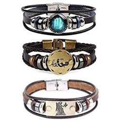 CHUYUN 3 Pcs 12 Zodiac Constellation Bracelets Set for Women Stainless Steel Beaded Leather Cuff Bangle Retro Jewelry