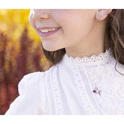 Girls Sterling Silver First Communion High-end Simulated Crystal Birthstone Cross Necklace with Cultured Pearl