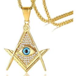 PJ Jewelry All Seeing Eyes Illuminati Stainless Steel Freemasonry Masonic Symbol CZ Pendant Necklace for Men