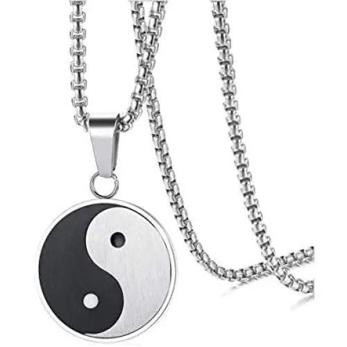 Tai Chi Yin And Yang Round Disc Coin Metal Stainless Steel Pendant Necklace for Men Women Fashion Personalized Minimalist 23.6'' Box Chain Unique Jewelry Gifts for Bff Sister Son Daughter Birthday Xmas