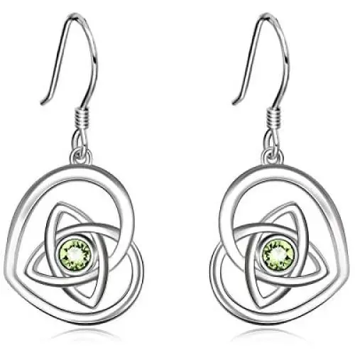 AOBOCO Sterling Silver Irish Celtic Earrings, Love Heart Dangle Drop French Hook Earrings with Crystals from Austria, Celtic Jewelry Irish Gifts for Women