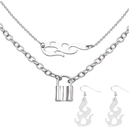 N/Q Punk Gothic Flame Fire Pendant Necklace Drop Dangle Earring Set 14K Silver Plated Cool Hip Hop Streetwear Link Chain Necklace for Women Girls Rock Party Birthday Jewelry Gifts