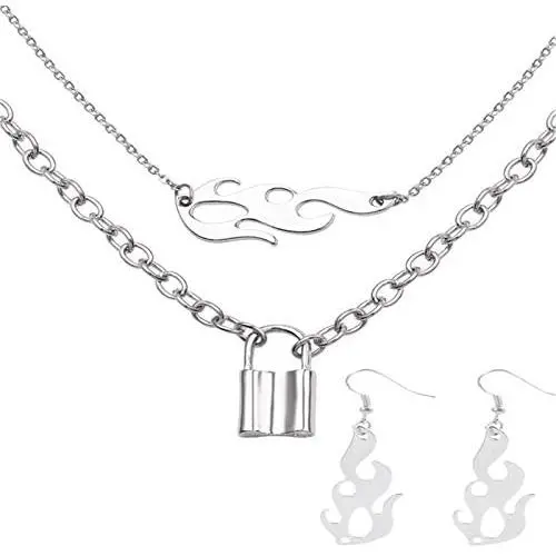 N/Q Punk Gothic Flame Fire Pendant Necklace Drop Dangle Earring Set 14K Silver Plated Cool Hip Hop Streetwear Link Chain Necklace for Women Girls Rock Party Birthday Jewelry Gifts