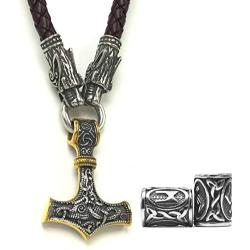 GUNGNEER Thors Hammer Pendant Mixed Gold Color Viking Mjolnir Necklace for Men with Brown Wolf Head Leather Chain, 316L Stainless Steel Bonus 2 Rune Beads