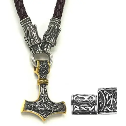 GUNGNEER Thors Hammer Pendant Mixed Gold Color Viking Mjolnir Necklace for Men with Brown Wolf Head Leather Chain, 316L Stainless Steel Bonus 2 Rune Beads GUNGNEER Thors Hammer Pendant Mixed Gold Color Viking Mjolnir Necklace for Men with Brown Wolf Head Leather Chain, 316L Stainless Steel Bonus 2 Rune Beads