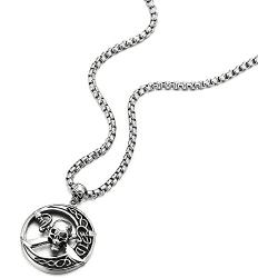 COOLSTEELANDBEYOND Stainless Steel Large Circle Pirate Skull Pendant Necklace for Men, 30 in Chain, Gothic Tribal