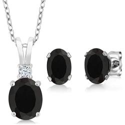 Gem Stone King 925 Sterling Silver Black Onyx Pendant Earrings Set 2.50 Ctw Oval with 18 Inch Silver Chain