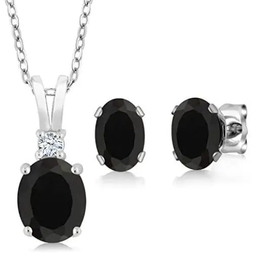 Gem Stone King 925 Sterling Silver Black Onyx Pendant Earrings Set 2.50 Ctw Oval with 18 Inch Silver Chain Gem Stone King 925 Sterling Silver Black Onyx Pendant Earrings Set 2.50 Ctw Oval with 18 Inch Silver Chain