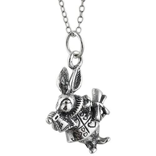 FashionJunkie4Life Sterling Silver 3D White Rabbit Charm Necklace, 18'' Chain, Alice in Wonderland Character