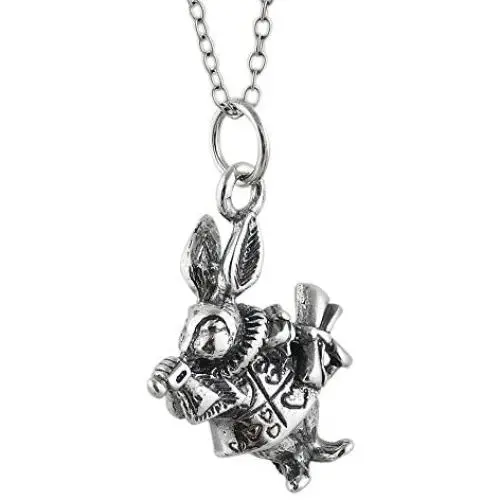 FashionJunkie4Life Sterling Silver 3D White Rabbit Charm Necklace, 18'' Chain, Alice in Wonderland Character