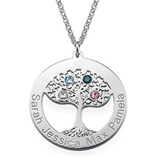 Personalized Tree of Life Circle Necklace with CZ Birthstones-Custom Jewlery