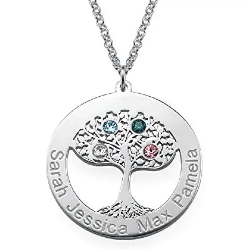 Personalized Tree of Life Circle Necklace with CZ Birthstones-Custom Jewlery Personalized Tree of Life Circle Necklace with CZ Birthstones-Custom Jewlery