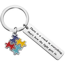 FUSTMW Autism Awareness Keychain Gift Puzzle Piece Charm Autism Mom Inspirational Gift for Autistic Teen There is a Crack in Everything That is How The Light gets in