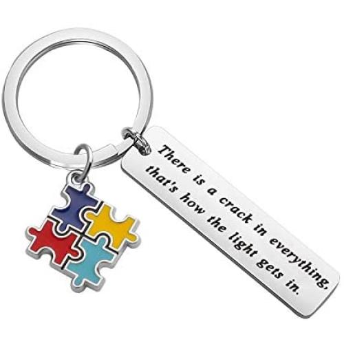 FUSTMW Autism Awareness Keychain Gift Puzzle Piece Charm Autism Mom Inspirational Gift for Autistic Teen There is a Crack in Everything That is How The Light gets in
