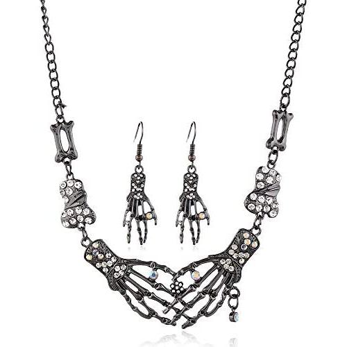 LZHLQ Skeleton Bone Hand Necklace Collar Necklace Gothic Double Skull Hand Claw Punk Necklace for Women Men