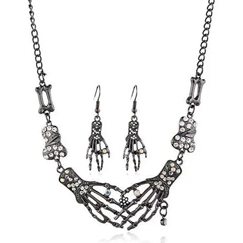 LZHLQ Skeleton Bone Hand Necklace Collar Necklace Gothic Double Skull Hand Claw Punk Necklace for Women Men