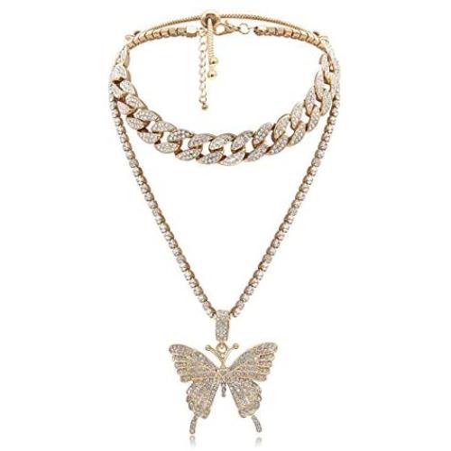 AILUOR Butterfly Cuban Link Necklace Set, Women Hip Hop Choker Pendant Necklace Chain Iced Out with Bling Rhinestones, Fashion Accessory for Hip Hop Lovers Women Girl