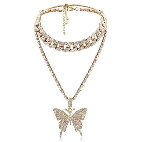 AILUOR Butterfly Cuban Link Necklace Set, Women Hip Hop Choker Pendant Necklace Chain Iced Out with Bling Rhinestones, Fashion Accessory for Hip Hop Lovers Women Girl