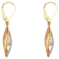 Wellingsale Ladies 14k 3 Tri Color White Yellow and Rose Gold Polished Tear Drop Dangle Hanging Earrings with Freshwater Cultured Pearl (38 x 7 mm)