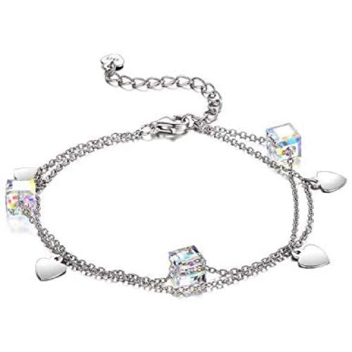 AOBOCO Sterling Silver Aurora Crystal Bracelet with Love Heart Charms, Aurore Boreale Crystals from Austria, Double Layer Chain Bracelet, Anniversary Birthday Gifts Aurora Jewelry for Women