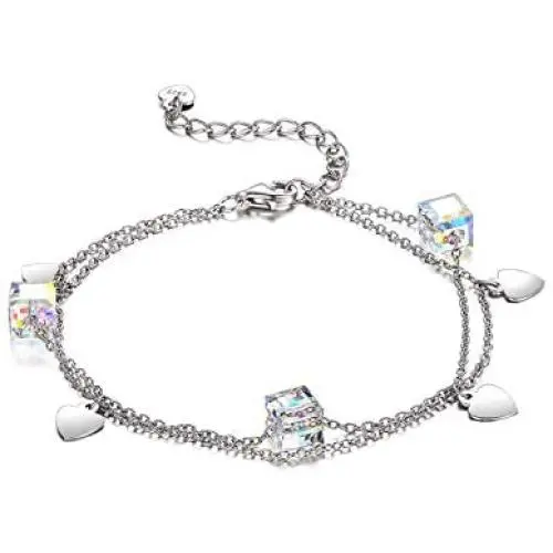 AOBOCO Sterling Silver Aurora Crystal Bracelet with Love Heart Charms, Aurore Boreale Crystals from Austria, Double Layer Chain Bracelet, Anniversary Birthday Gifts Aurora Jewelry for Women AOBOCO Sterling Silver Aurora Crystal Bracelet with Love Heart Charms, Aurore Boreale Crystals from Austria, Double Layer Chain Bracelet, Anniversary Birthday Gifts Aurora Jewelry for Women