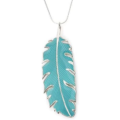 925 Sterling Silver Feather Necklace Pendant Turquoise-Colored Polymer Clay Handmade Jewelry