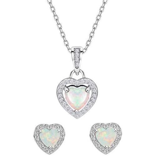 Mints Opal Jewelry Set Sterling Silver Heart Pendant Necklace Stud Earrings October Birthstone Gemstone Jewelry for Women