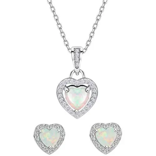 Mints Opal Jewelry Set Sterling Silver Heart Pendant Necklace Stud Earrings October Birthstone Gemstone Jewelry for Women Mints Opal Jewelry Set Sterling Silver Heart Pendant Necklace Stud Earrings October Birthstone Gemstone Jewelry for Women