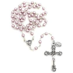 Catholic Silver Swarovski Pearl Rosary Necklace with Rose Detailed 2''L Crucifix Pendant (Italian Made)