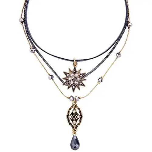 QEPOL Multilayer Fashion Vintage Hademade Women Multilayer Necklace Star Teardrop Chain & Leather Choker Necklace Layer for Women Jewelry