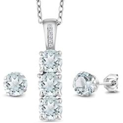 Gem Stone King 925 Sterling Silver Sky Blue Aquamarine and White Diamond Pendant Earrings Set For Women (2.04 Cttw with 18 inch Silver Chain)