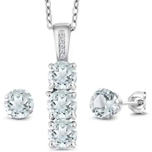 Gem Stone King 925 Sterling Silver Sky Blue Aquamarine and White Diamond Pendant Earrings Set For Women (2.04 Cttw with 18 inch Silver Chain) Gem Stone King 925 Sterling Silver Sky Blue Aquamarine and White Diamond Pendant Earrings Set For Women (2.04 Cttw with 18 inch Silver Chain)