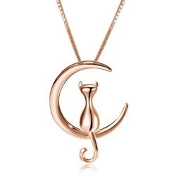 S.Leaf Cat Moon Necklace Sterling Silver Necklaces for Women Cat Necklace