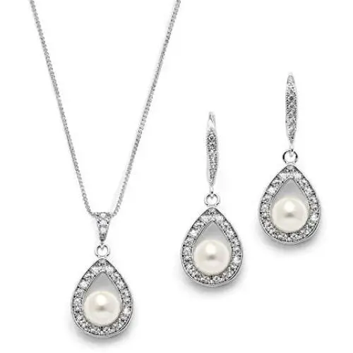 Mariell Wedding Necklace and Earrings Pearl Jewelry Set with Inlaid CZ Frame for Bridesmaids & Brides Mariell Wedding Necklace and Earrings Pearl Jewelry Set with Inlaid CZ Frame for Bridesmaids & Brides