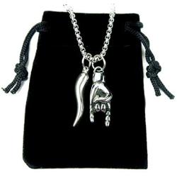 Mano Cornuto and Cornicello combo Necklace, on 24'' Box Chain, Italian Lucky Hand Horn Anti Evil Eye Good Luck Amulet Protection Charms All Stainless