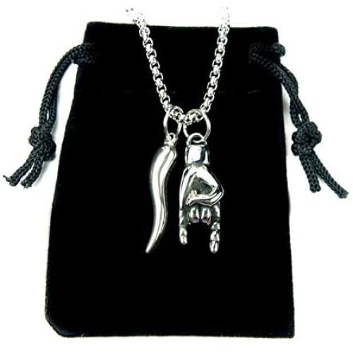 Mano Cornuto and Cornicello combo Necklace, on 24'' Box Chain, Italian Lucky Hand Horn Anti Evil Eye Good Luck Amulet Protection Charms All Stainless