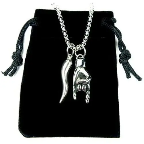 Mano Cornuto and Cornicello combo Necklace, on 24'' Box Chain, Italian Lucky Hand Horn Anti Evil Eye Good Luck Amulet Protection Charms All Stainless