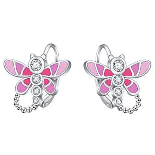 S925 Sterling Silver Animal Leverback Stud Dangle Earrings, Butterfly Dragonfly Ladybug Cat Bear Earrings