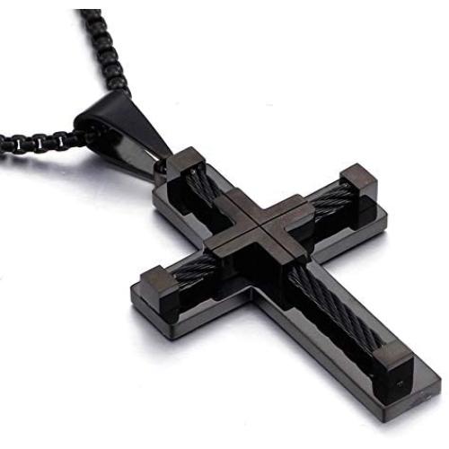YL Mens Cross Necklace 316L Stainless Steel Bigger Jesus Christ Pendant White/Gold/Black Rolo Chain Jewelry