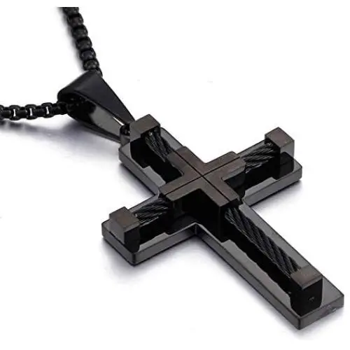 YL Mens Cross Necklace 316L Stainless Steel Bigger Jesus Christ Pendant White/Gold/Black Rolo Chain Jewelry