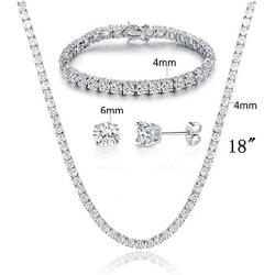 GEMSME 18K White Gold Plated Graduated Round Cubic Zirconia Tennis Necklace/Bracelet/Earrings Sets Pack of 3