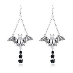 Funyrich Gothic Beaded Earrings Set Silver Bat Pendant Halloween Earring Jewelry Accessory for Women and Girls (Black Bead)